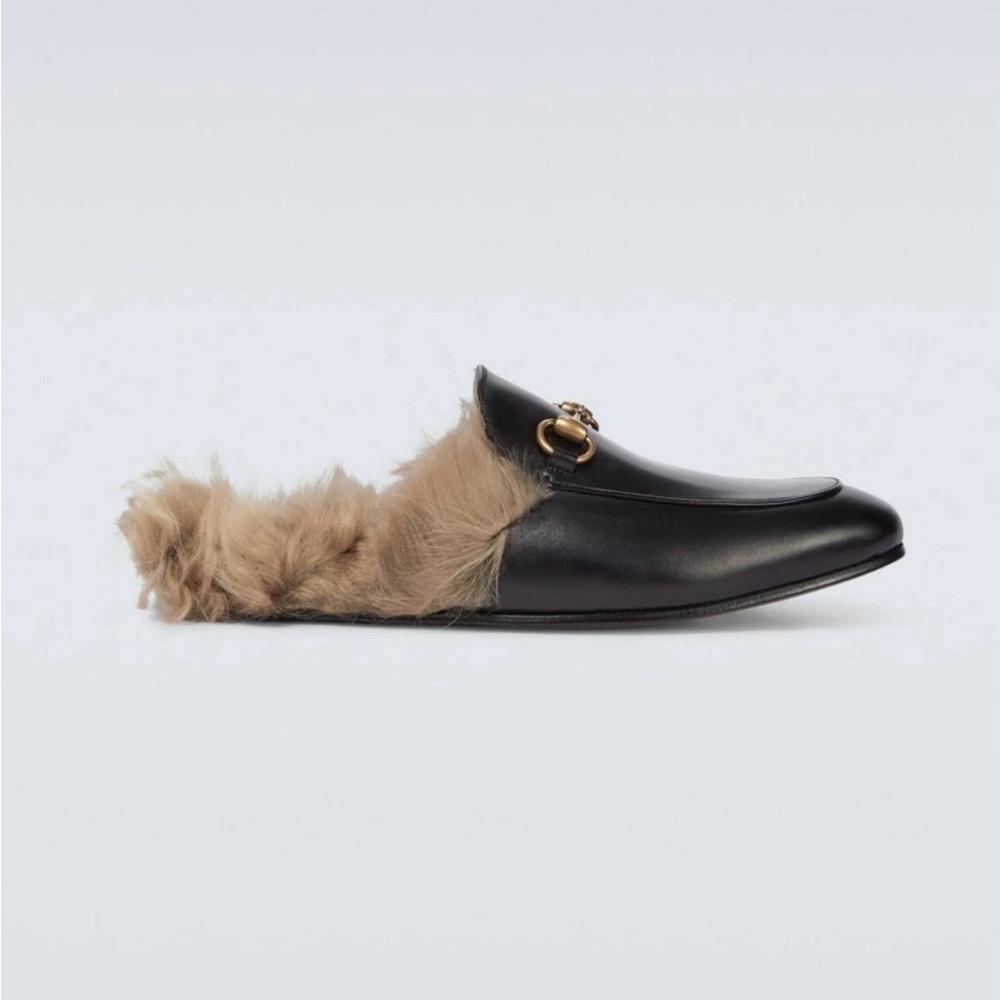 Gucci Princetown Black Leather Horsebit Lamb Fur Slippers‎ Mule Loafers Size 39